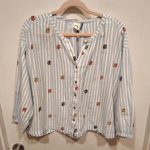 Akemi & Kin Anthropologie Embroidered Blue Stripe Adela Cropped Button Down Sz M